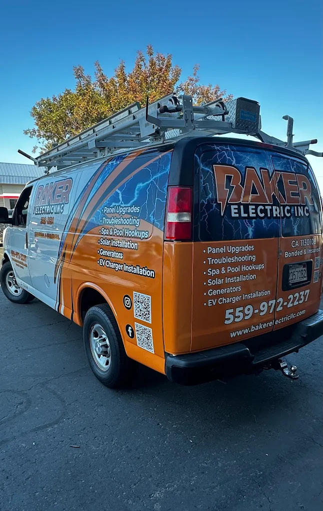 Branded Baker Electric Inc. mobile service van outfitted for panel upgrades, EV charger installations, and generator hookups in Visalia, CA.