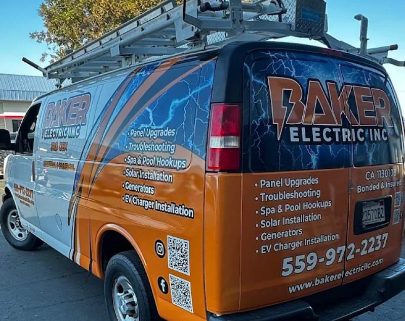 Baker Electric Inc branded service van listing panel upgrades, solar installation, generators, and EV charger installation in Visalia, CA